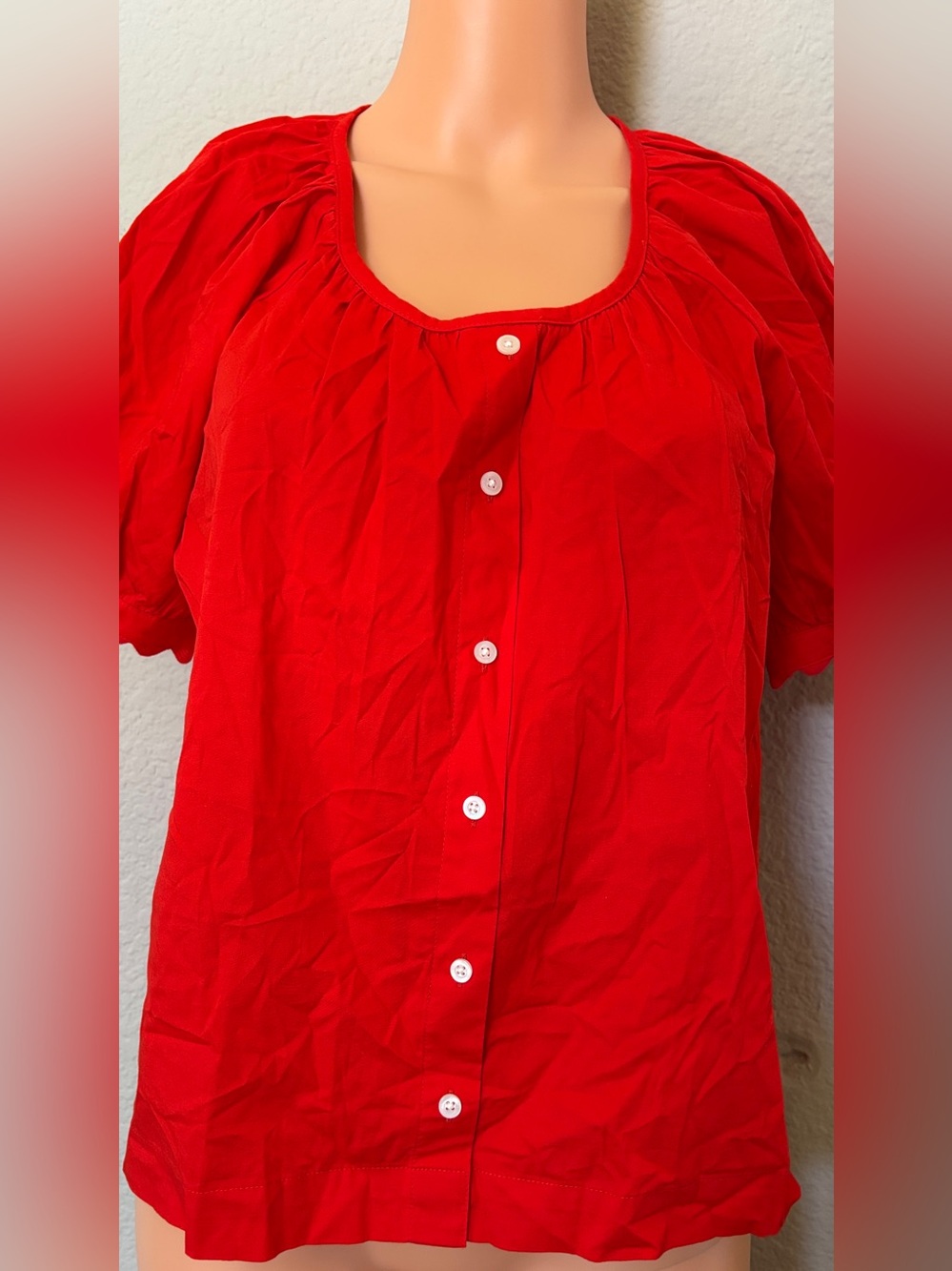 NWT J.Crew Women’s S Red Puff Sleeve Button Front Blouse Regenerative Cotton